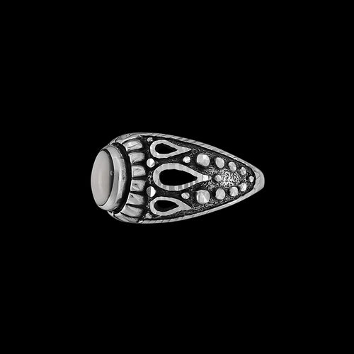 925 Sterling Silver Diamond Cut Oval Mother of Pearl Cabochon Ring, Abstract Beaded Teardrop Design, Solitaire Gemstone Band, Handmade Jewelry (7.5)