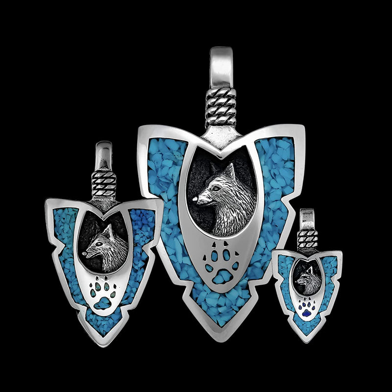 925 Sterling Silver Medium Turquoise Arrowhead Pendant, Detailed Wolf Pendant with Paw & Claws, Native American Jewelry, Southwestern Wolf Necklace