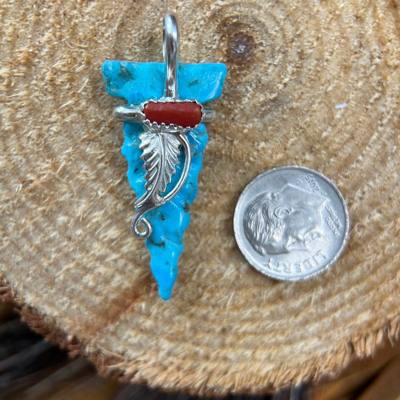 Native American Pendant, Hand Carved Turquoise Arrowhead, 925 Silver