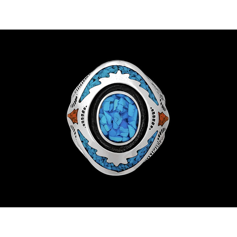 Size 10-925 Sterling Silver Turquoise & Red Coral Ring, Southwestern Roie Jaque Design, Handmade Gemstone Band, Handcrafted Statement Birthstone Jewelry
