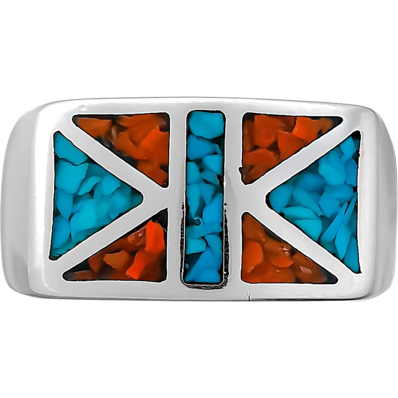 Size 10-925 Sterling Silver Geometric Flag Ring, Turquoise & Red Coral, Abstract Gemstone Design, Handmade Geometric Statement Jewelry, Handcrafted Birthstone Band