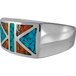 Size 10-925 Sterling Silver Geometric Flag Ring, Turquoise & Red Coral, Abstract Gemstone Design, Handmade Geometric Statement Jewelry, Handcrafted Birthstone Band