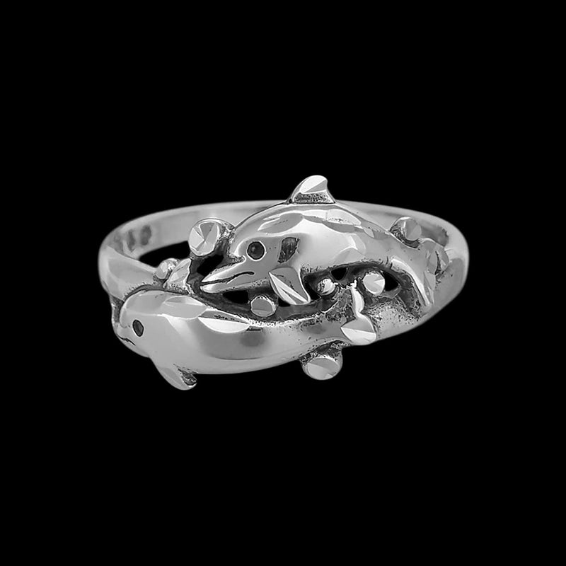 Size 7 - Diamond Cut Swimming Dolphins Ring