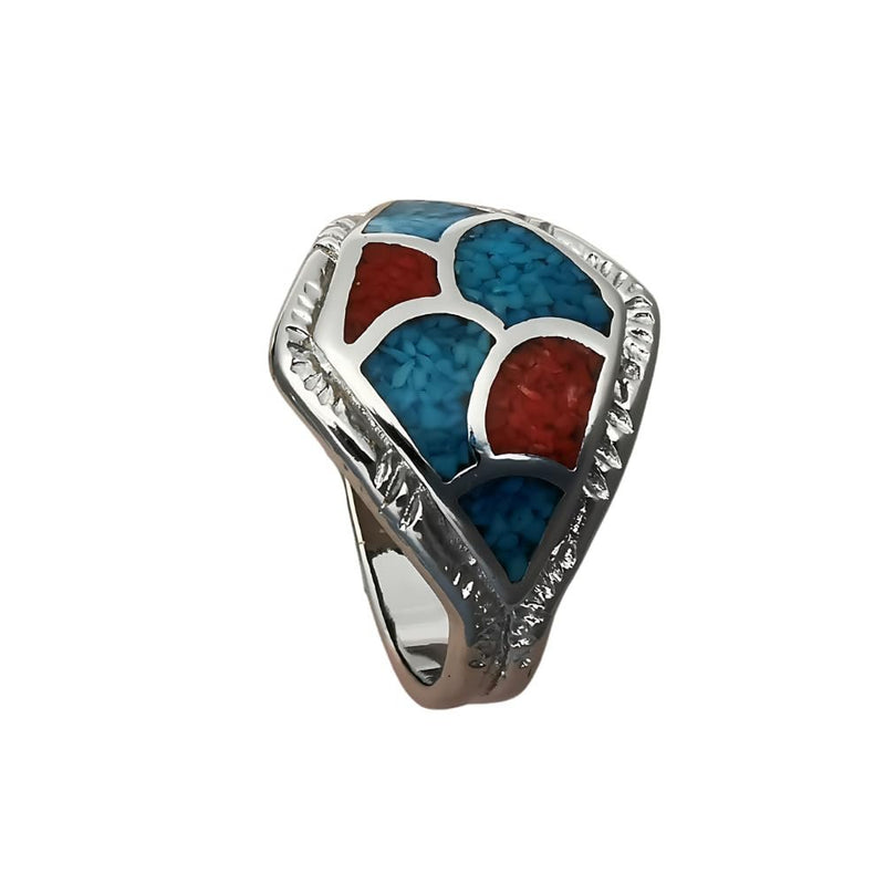 Size 12 - Vintage Southwestern Silver Ring with Turquoise and Coral Inlay