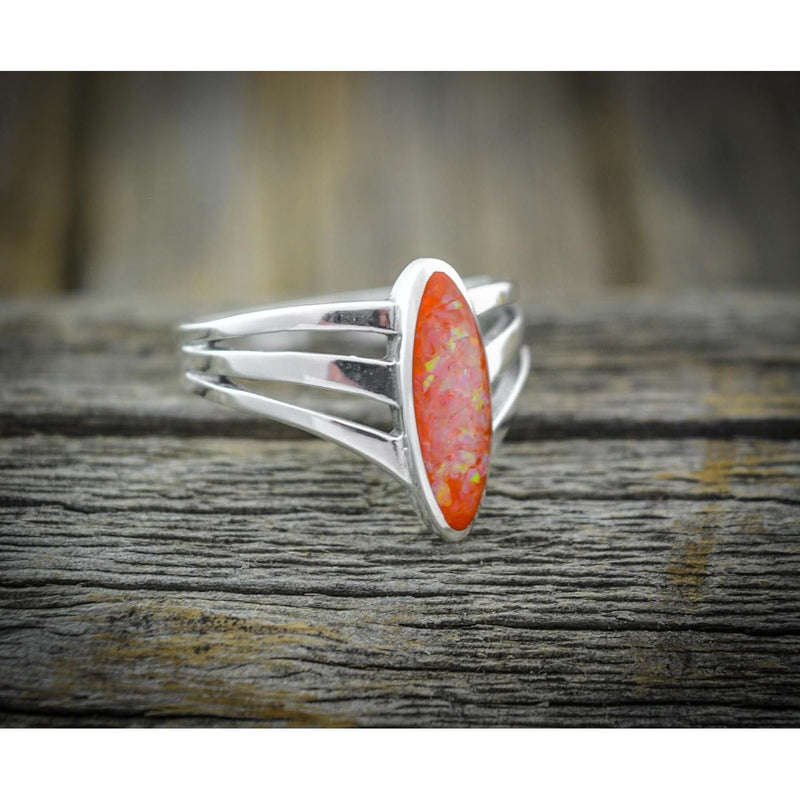 Size 7 - Sterling Silver and Orange Opal Three Prong Oval Ring