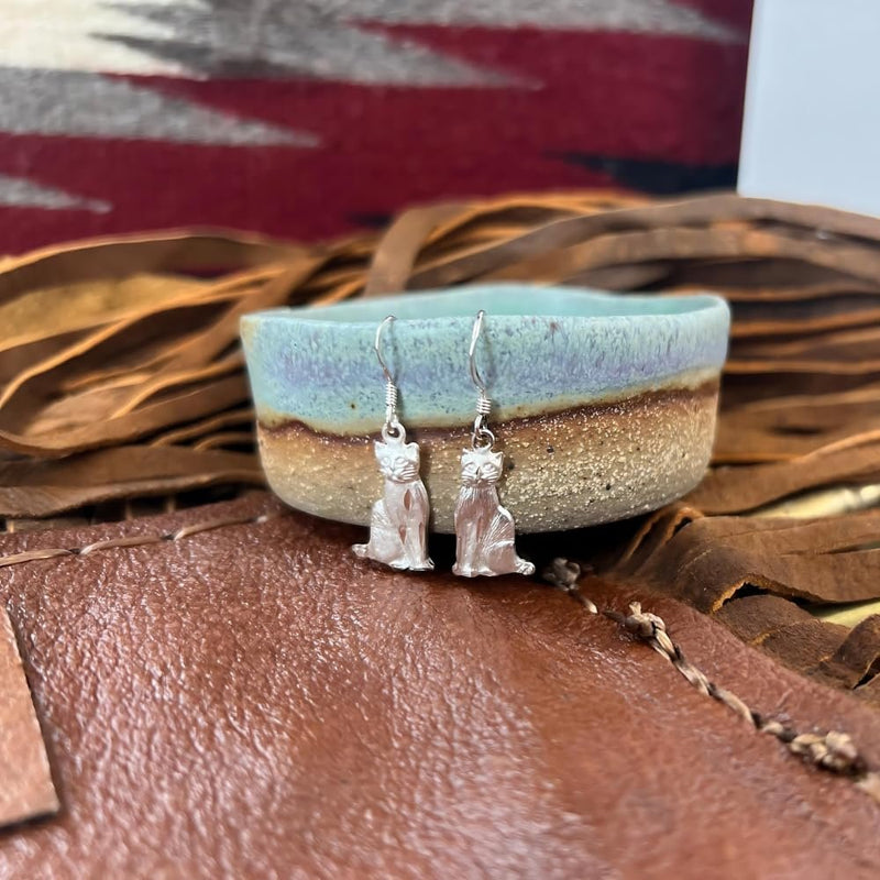 Sterling Silver Matte Kitty Cat Dangle Earrings