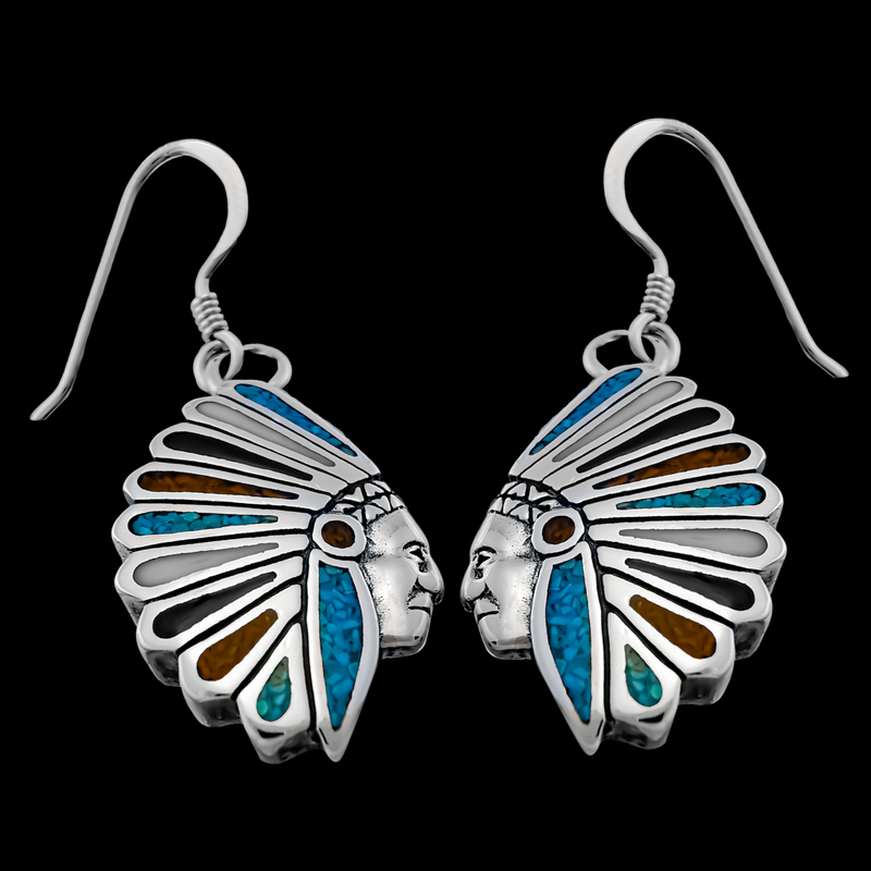 Native American Headdress Dangle Earrings - Mainland Silver