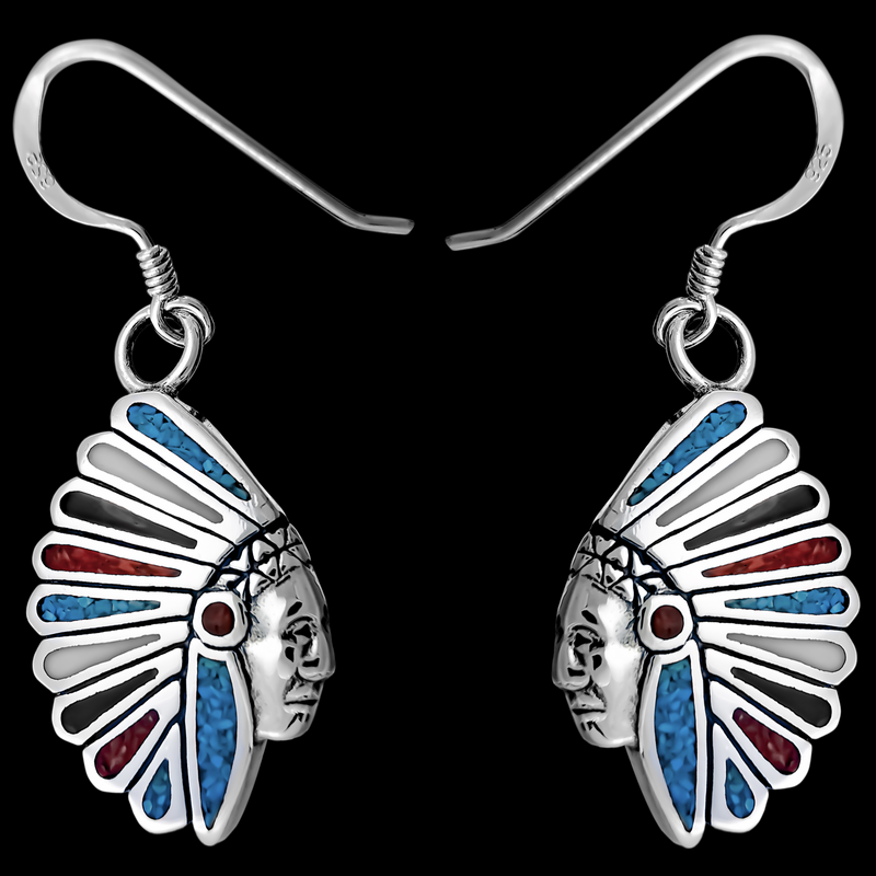 Native American Headdress Dangle Earrings - Mainland Silver