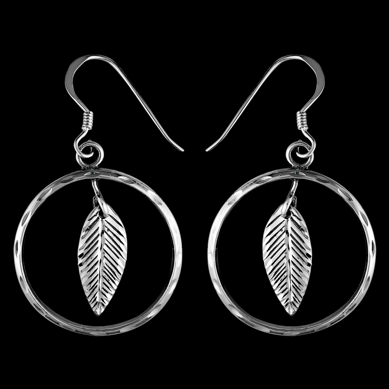 Encased Leaves Circular Dangle Earrings - Mainland Silver