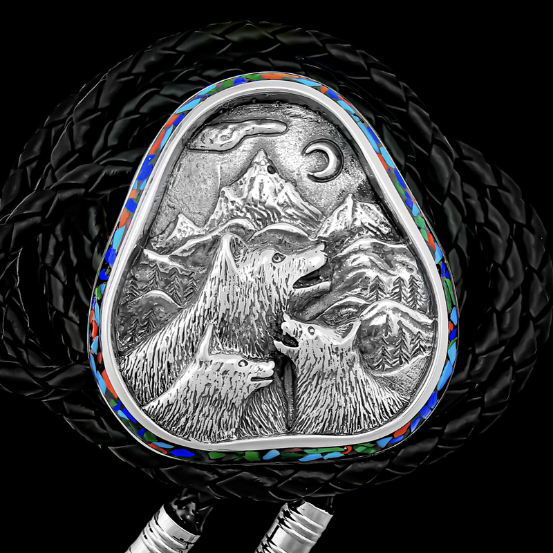Howling Wolves Scene Bolo - Mainland Silver