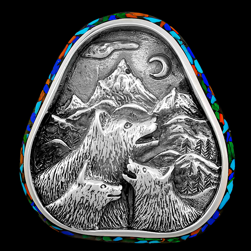 Howling Wolves Scene Bolo - Mainland Silver