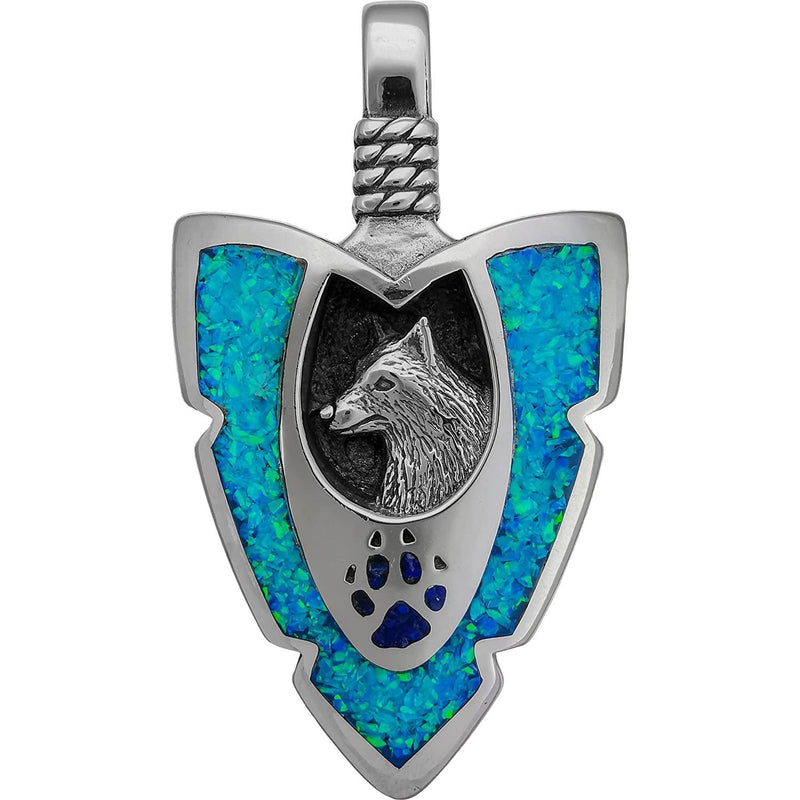 925 Sterling Silver Large Blue Opal & Lapis Lazuli Arrowhead Pendant, Detailed Wolf Pendant with Paw & Claws, Native American Animal Jewelry, Southwestern Wolf Paw Print Necklace