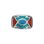 Size 5.75-925 Sterling Silver Turquoise, Red Coral, & Resin Southwestern Arrow Band, Handmade Oval Center Ring, Geometric Gemstone Jewelry