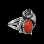 Size 6.5-925 Sterling Silver Floral Red Coral Cabochon Ring, Leaves & Flower Design, Handmade Gemstone Jewelry, Statement Birthstone Nature Band