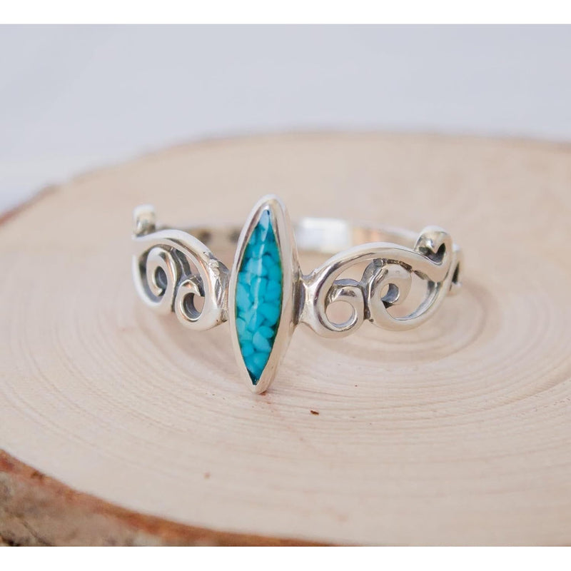 Size 6.5-925 Sterling Silver Turquoise Marquise Ring, Elongated Scrollwork Design, Handmade Decorative Band, Handcrafted Gemstone Jewelry