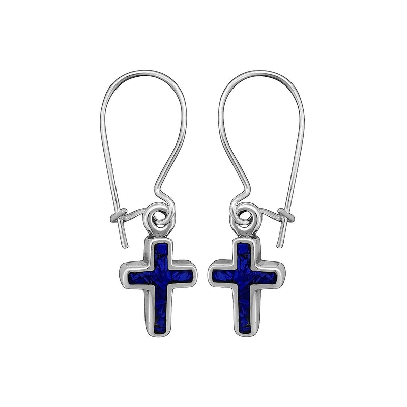 925 Sterling Silver Lapis Lazuli Cross Earwire Earrings, Handmade Gemstone Dangle Earrings, Handcrafted Religious Crucifix Jewelry