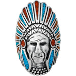 Size 9.5-925 Sterling Silver Native American Chief Headdress Ring, Turquoise & Red Coral Headdress Design, Statement Gemstone Band, Handmade Birthstone Jewelry