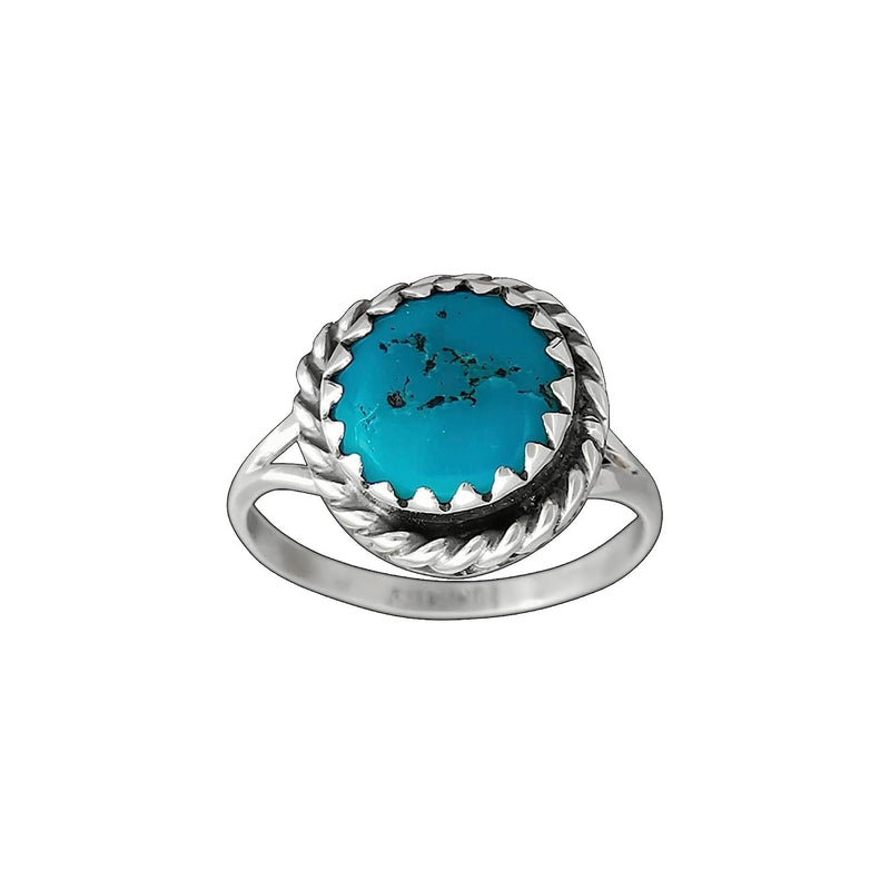 Size 3.5-925 Sterling Silver Round Sleeping Beauty Turquoise Cabochon Ring, Braided Border Design, Handmade Gemstone Jewelry, Navajo Solitaire Stone Band