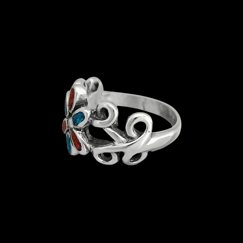 Size 5.5-925 Sterling Silver Turquoise & Red Coral Flower Ring, Simple Floral Design, Handmade Gemstone Jewelry, Statement Birthstone Band