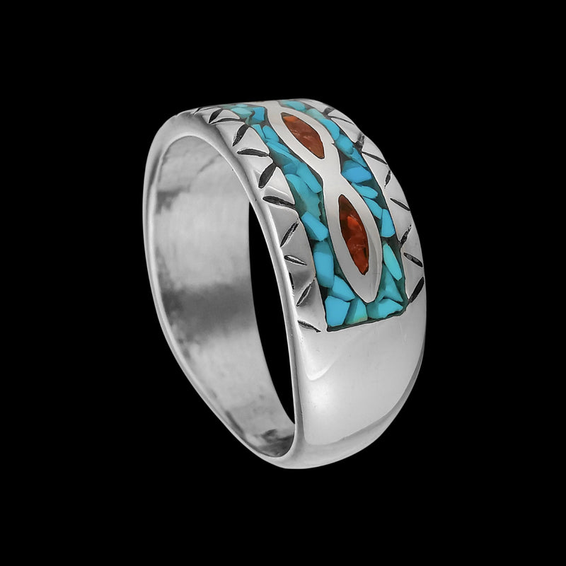 River Ring • Navajo Inspired • Sterling Silver with Red Coral and Turquoise Inlay