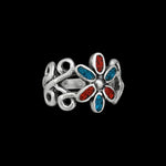 Size 5.5-925 Sterling Silver Turquoise & Red Coral Flower Ring, Simple Floral Design, Handmade Gemstone Jewelry, Statement Birthstone Band