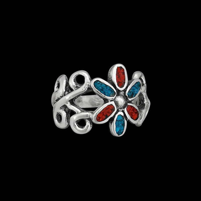 Size 5.5-925 Sterling Silver Turquoise & Red Coral Flower Ring, Simple Floral Design, Handmade Gemstone Jewelry, Statement Birthstone Band