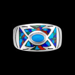 Size 11-925 Sterling Silver Southwestern Arrow Band, Turquoise Resin & Mixed Stones, Oval Stone, Geometric Pattern