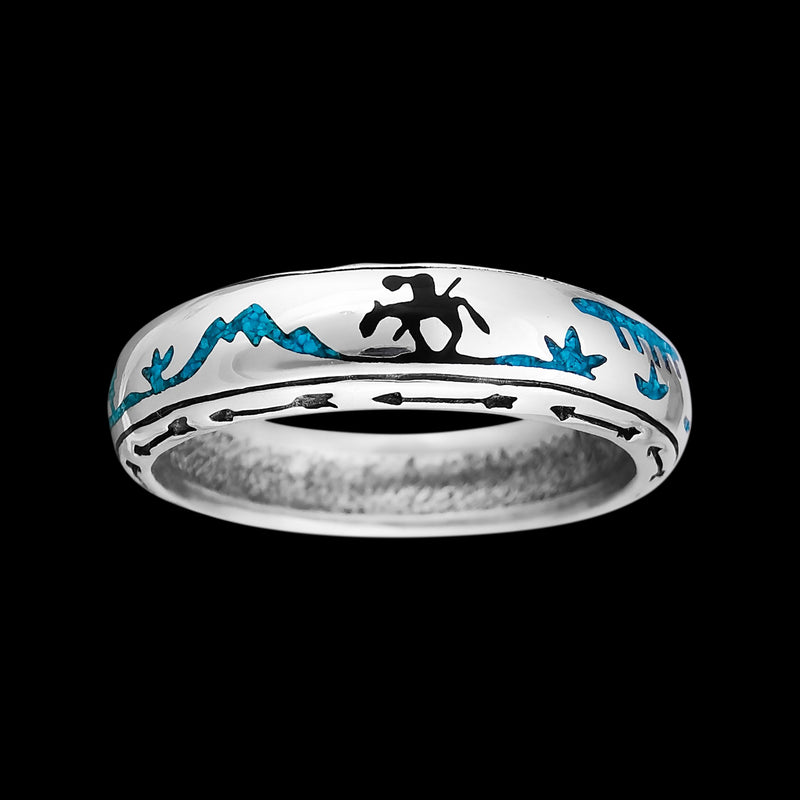 Navajo End of Trail Ring - Turquoise Inlay - Arrow Border - Handcrafted - Sterling Silver