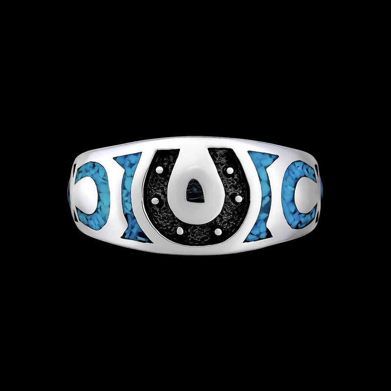 Horse Rider Ring - 925 Sterling Silver Lucky Horseshoe with Turquoise Inlay - Navajo Handcrafted