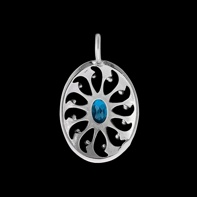 925 Sterling Silver Oval Blue Topaz Pendant, Abstract Cutout Flower Design, Solitaire Birthstone Necklace, Handmade Gemstone Jewelry