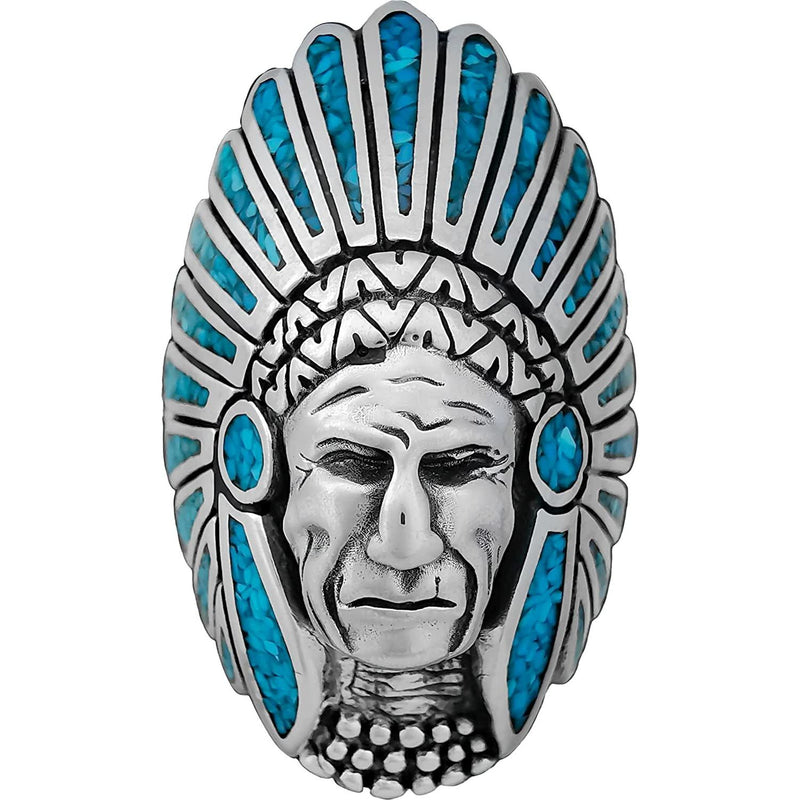 Size 9.5-925 Sterling Silver Native American Chief Headdress Ring, Turquoise Feather Design, Statement Gemstone Band, Handmade Birthstone Jewelry