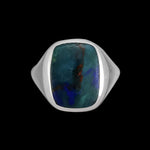 Size 10.5-925 Sterling Silver Rectangular Azurite Cabochon Ring, Simple Rounded Geometric Design, Handmade Gemstone Jewelry, Statement Birthstone Band