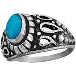 925 Sterling Silver Diamond Cut Oval Turquoise Cabochon Ring, Abstract Beaded Teardrop Design, Solitaire Gemstone Band, Handmade Jewelry (7.5)