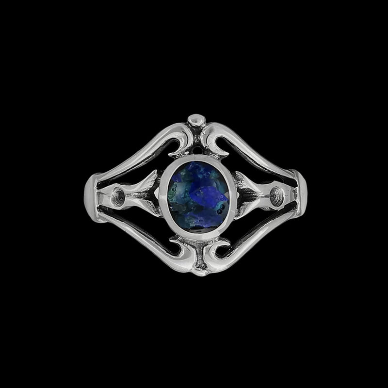 Size 6-925 Sterling Silver Round Azurite Cabochon Flower Ring, Budding Squash Blossom Design, Handmade Gemstone Jewelry, Statement Birthstone Band