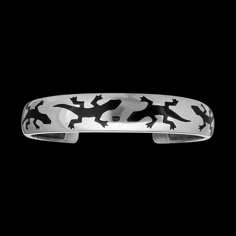 Size 6-7/8 Wrist - 925 Sterling Silver Black Resin Gecko Cuff Bracelet, Southwestern Reptile Design, Handcrafted Silver Nature Jewelry, Handmade Animal Bangle Bracelet