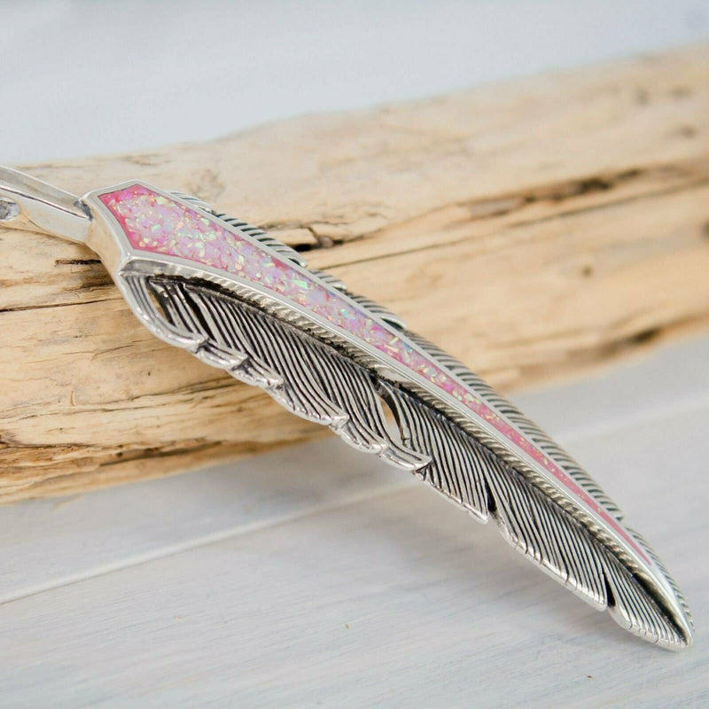 Feather Earrings • Pink Opal • 925 Sterling Silver • Navajo Handmade