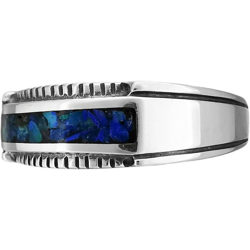 Size 11-925 Sterling Silver Rectangular Azurite Chip Ring, Sawtooth Accent Border Design, Handmade Gemstone Jewelry, Statement Birthstone Band