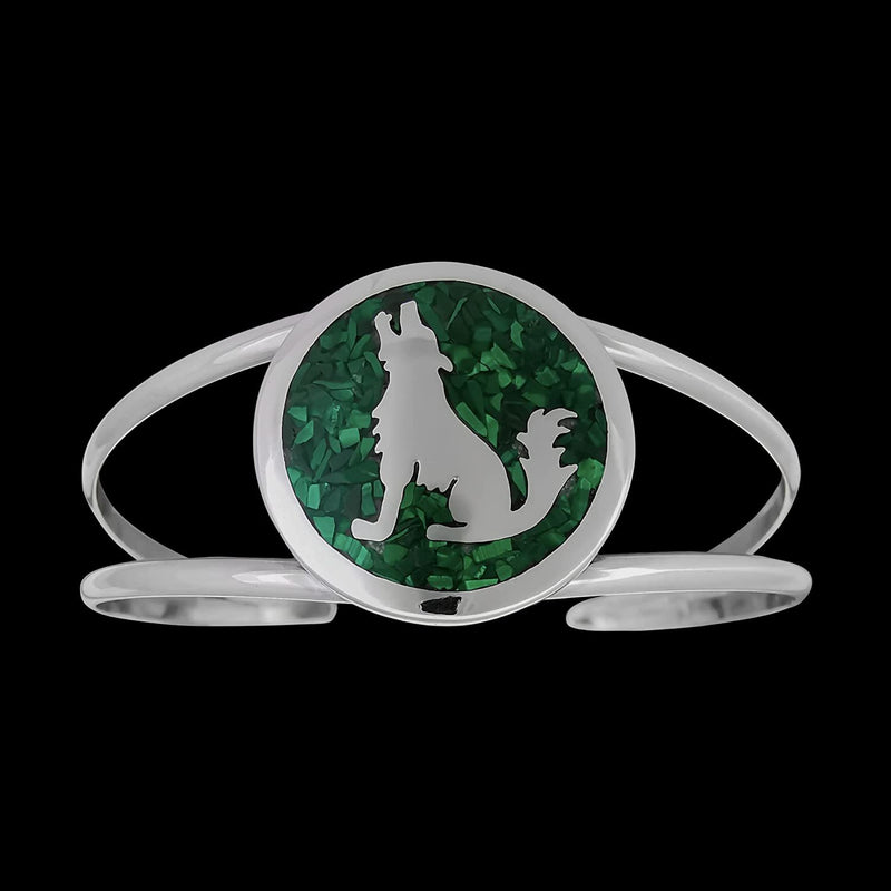 Wolf Bracelet, Howling Wolf, 925 Sterling Silver Bracelet, Native American, Handmade Jewelry, Malachite Bracelet, Navajo Bracelet with wolves