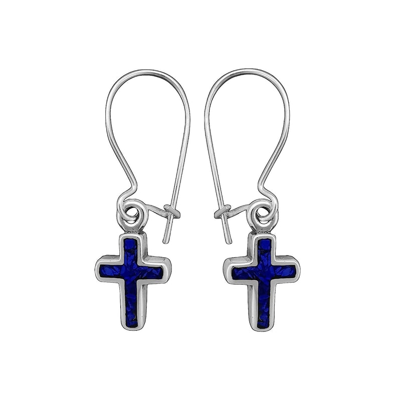 925 Sterling Silver Lapis Lazuli Cross Earwire Earrings, Handmade Gemstone Dangle Earrings, Handcrafted Religious Crucifix Jewelry