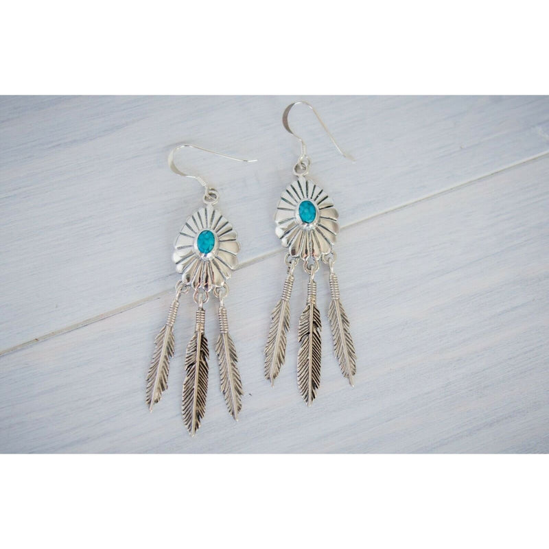 925 Silver Dreamcatcher Earrings • Turquoise Feather • Native American