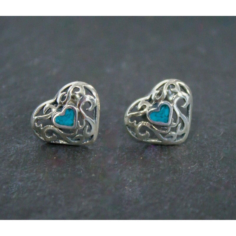 Heart Earrings • 925 Sterling Silver • Turquoise Accent • Navajo Handmade Jewelry