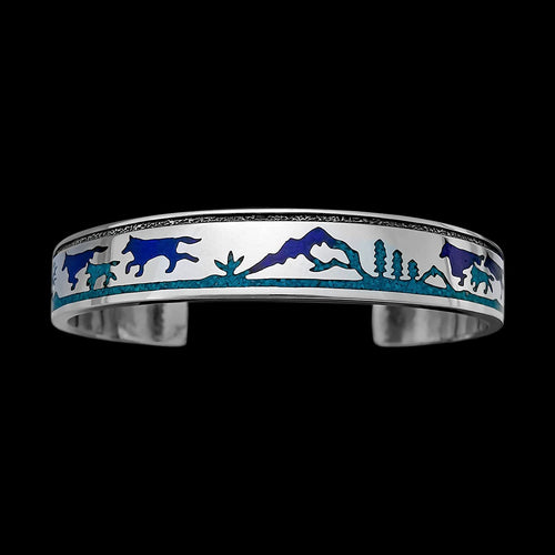 Navajo Sterling Silver Wolf Bracelet with Turquoise and Lapis Lazuli - Handmade Nature Inspired Jewelry, Size 6.5, Southwest Style Statement Piece