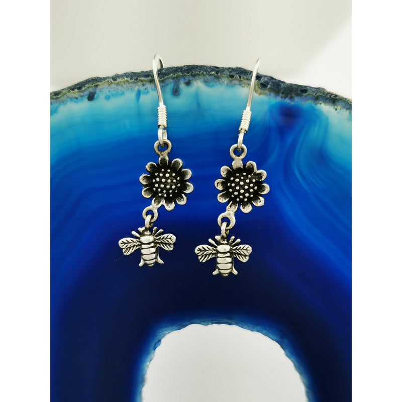 Sterling Silver Bumble Honey Bee Sunflower Dangle earrings