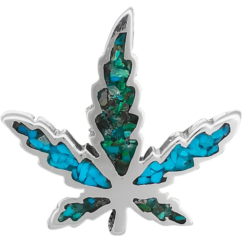 Medium Marijuana Leaf Pendant inlaid with Green and Blue Turquoise