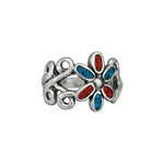 Size 5.5-925 Sterling Silver Turquoise & Red Coral Flower Ring, Simple Floral Design, Handmade Gemstone Jewelry, Statement Birthstone Band