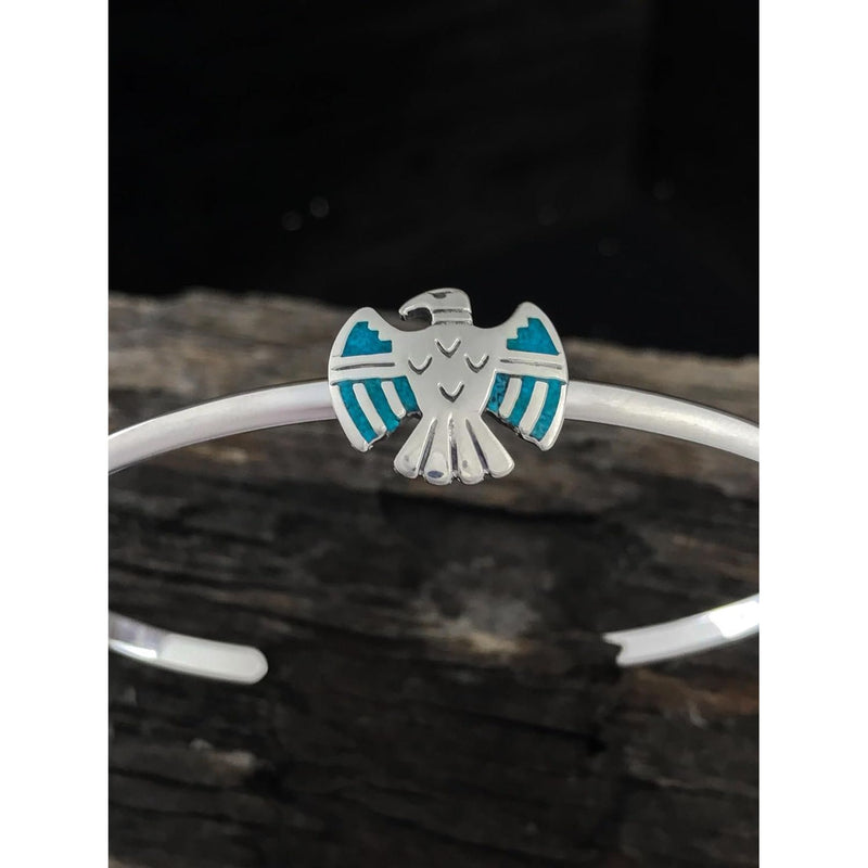 Size 6-3/4 Wrist - 925 Sterling Silver Turquoise thunderbird Cuff Bracelet, Simple native american southwestern Design, Handcrafted Silver Jewelry, Handmade Sky Bangle Bracelet