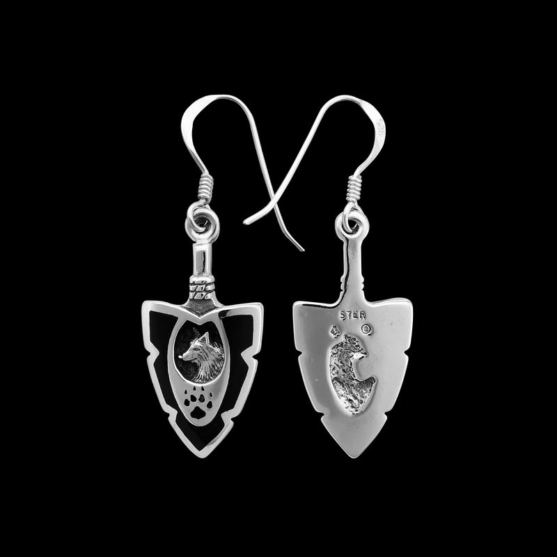 Arrowhead Earrings • 925 Sterling Silver • Wolf Design • Howling Wolves • Native American Inspired