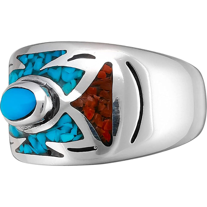 Size 7-925 Sterling Silver Southwestern Turquoise, Red Coral, & Turquoise Resin Arrow Band, Oval Center, Geometric Pattern