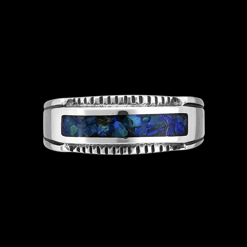 Size 11-925 Sterling Silver Rectangular Azurite Chip Ring, Sawtooth Accent Border Design, Handmade Gemstone Jewelry, Statement Birthstone Band