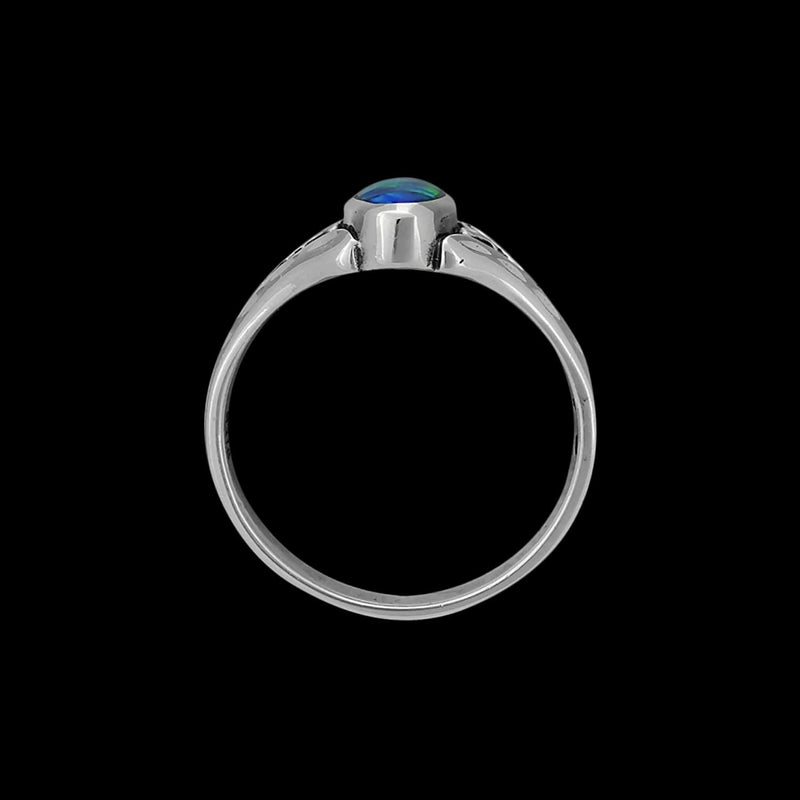 925 Sterling Silver Diamond Cut Oval Blue Opal Cabochon Ring, Iris Accent Design, Solitaire Gemstone Band, Floral Handmade Jewelry (9)